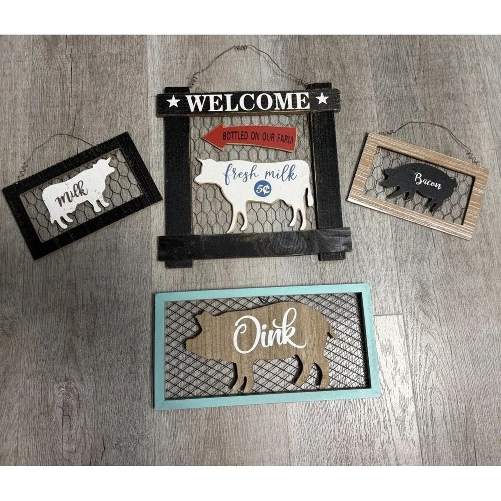 Farmhouse Hanging Wood Signs Wire Pig & Cow Rustic Distressed Decor Set Of 4